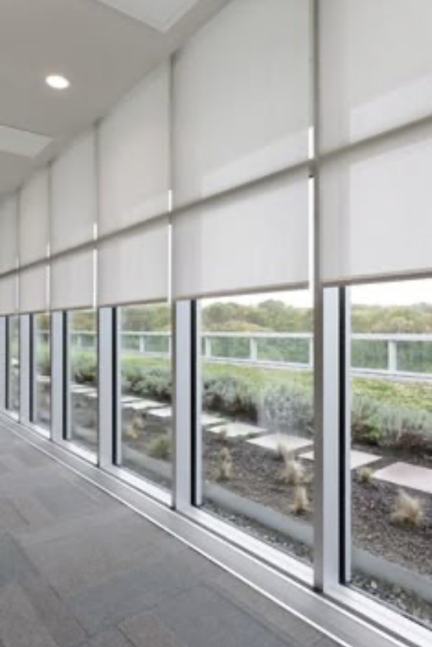 Apartment hallway roller shades with rooftop garden view